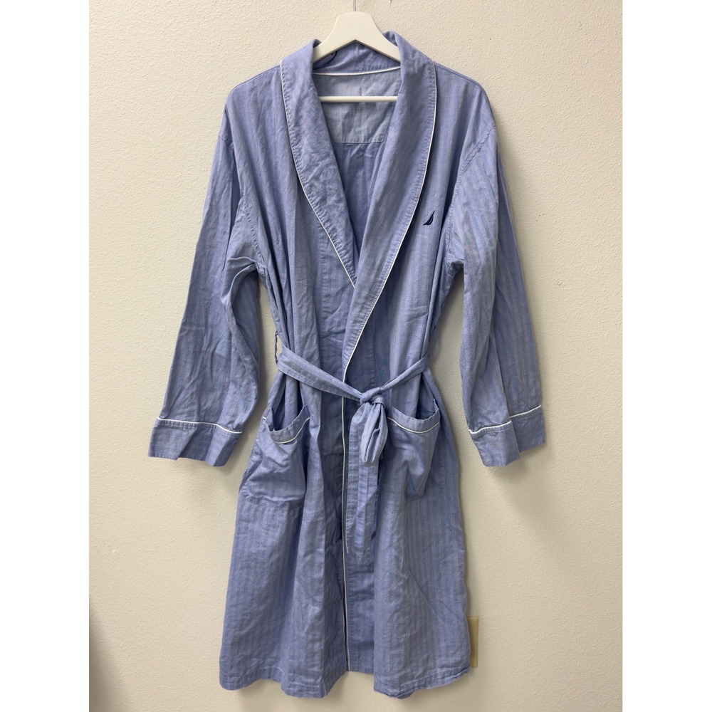 Nautica Robe Mens L/XL Blue Herringbone Stripe Cotton Loungewear